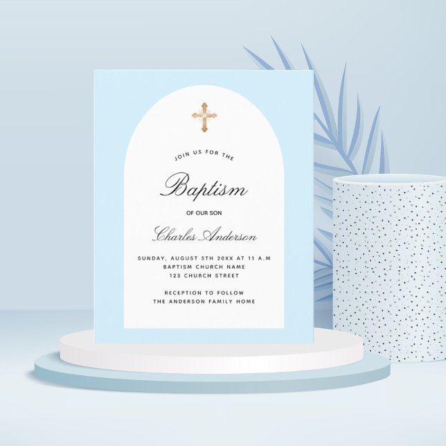 Baptême bleu clair arc blanc invitation garçon (Créateur téléchargé)