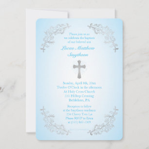 Baptême bleu croisé argent Invitation photo