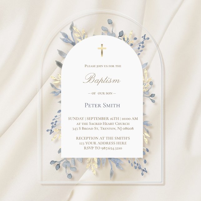 Baptême bleu feuillage acrylique invitation (Créateur téléchargé)