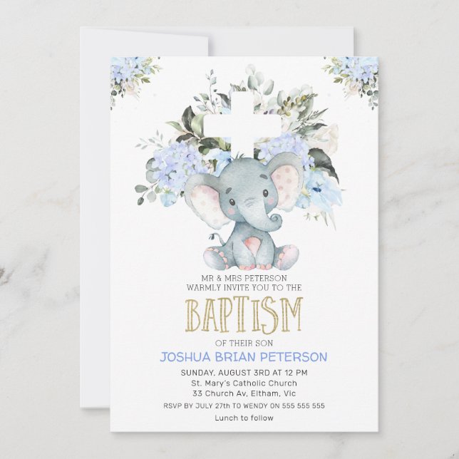 Baptême bleu floral bébé éléphant Invitation (Devant)