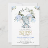 Baptême bleu floral bébé éléphant Invitation