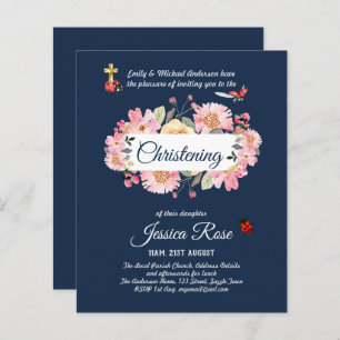 Baptême bleu rose floral Invitations