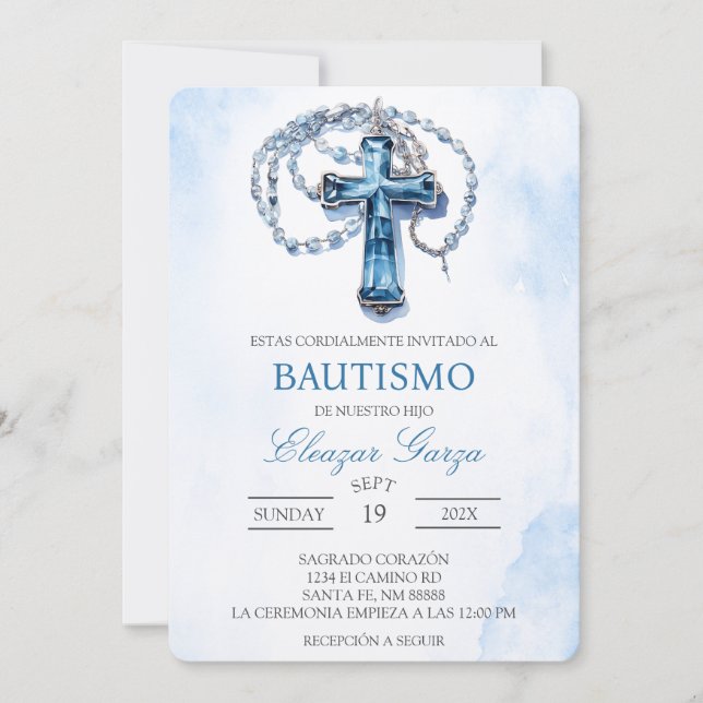 Baptême Blue Crucifix en espagnol Invitation (Devant)