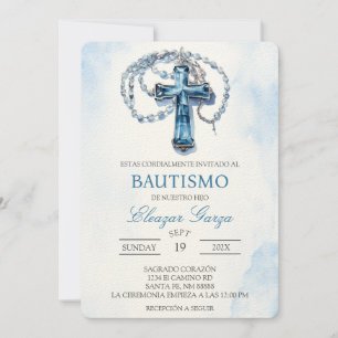 Baptême Blue Crucifix en espagnol Invitation