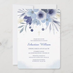 Baptême Blue Floral Invitation