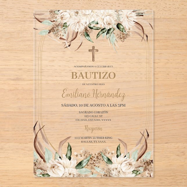 Baptême Boho espagnol Acrylique Floral Invitation (Recto)