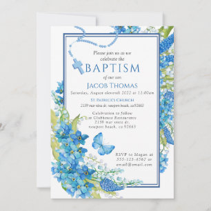 Baptême Boy Invitation Fleur bleue