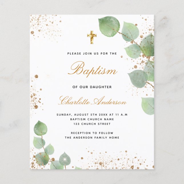 Baptême budget eucalyptus or invitation (Devant)