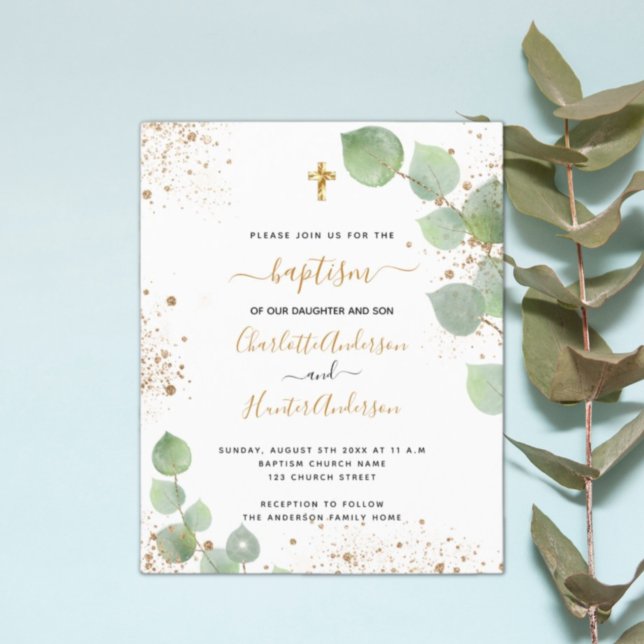 Baptême budget eucalyptus or jumeaux invitation (Créateur téléchargé)