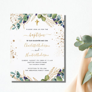 Baptême budget eucalyptus or jumeaux invitation