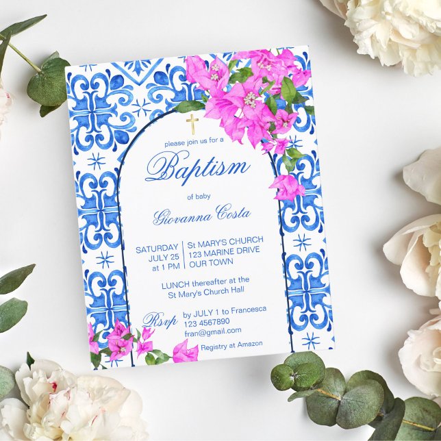 Baptême Carreaux Bleus Bougainvilliers invitation  (Créateur téléchargé)