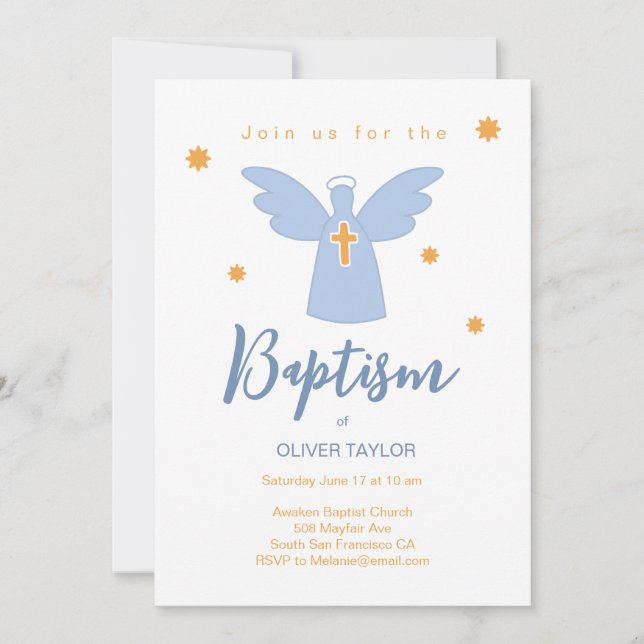 Baptême Christening Angel and Stars Invitation (Devant)