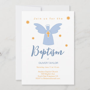 Baptême Christening Angel and Stars Invitation