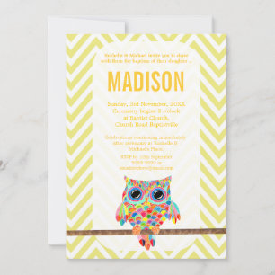 Baptême Christening Chevron Rainbow Owl Invitation