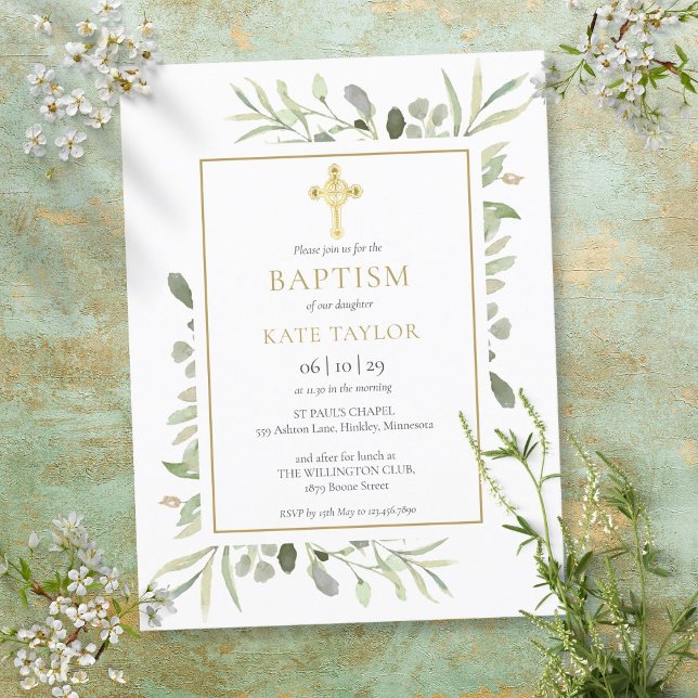 Baptême Christening Gold Cross Green Invitation (Créateur téléchargé)