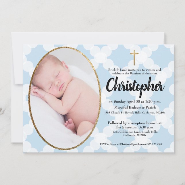 Baptême Christening invitation bleu & or (Devant)