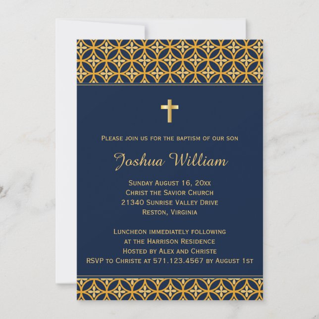 Baptême Christening Invitation Marine Blue Gold (Devant)