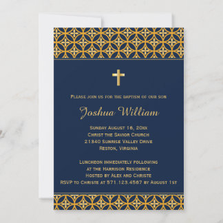 Baptême Christening Invitation Marine Blue Gold