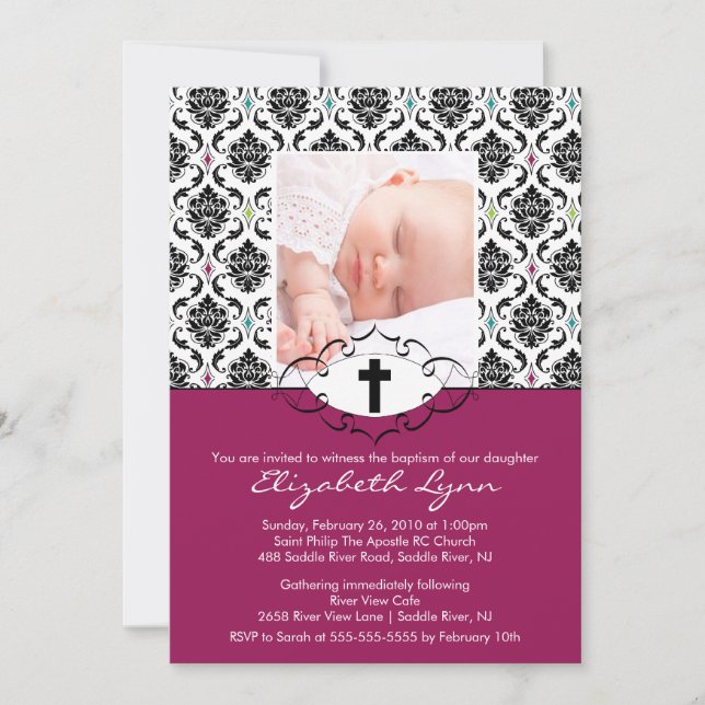 Baptême Christening Invitations Photo Black Damask (Devant)