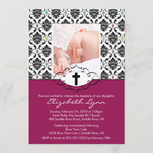 Baptême Christening Invitations Photo Black Damask