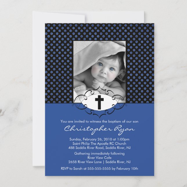 Baptême Christening Invitations Photo Blue & Black (Devant)