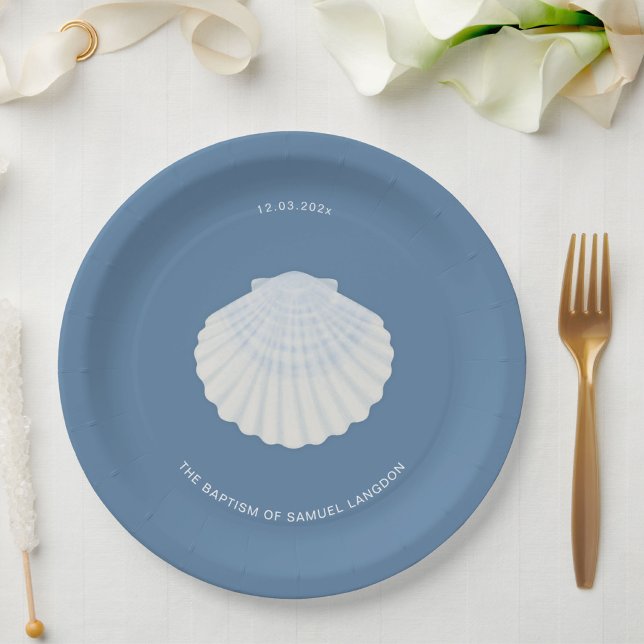 Baptême coquillage bleu assiette en papier (Créateur téléchargé)