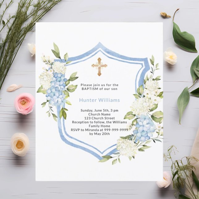 Baptême crête fleurs bleues invitation garçon (Créateur téléchargé)