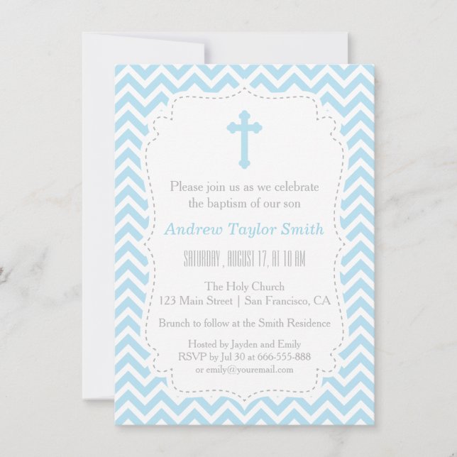 Baptême croisé Chevron bleu Invitations (Devant)