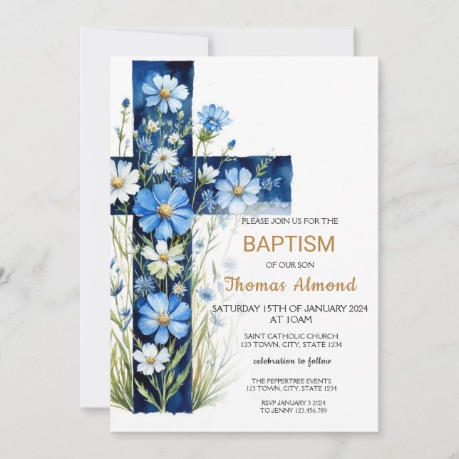 Baptême croisé floral bleu Invitation (Devant)