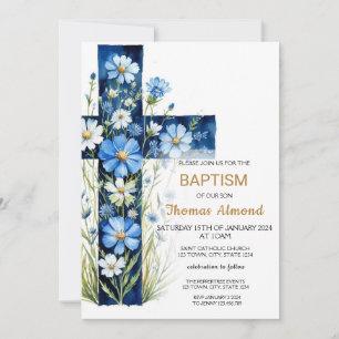 Baptême croisé floral bleu Invitation