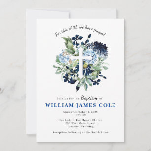 Baptême croisé floral bleu Invitation