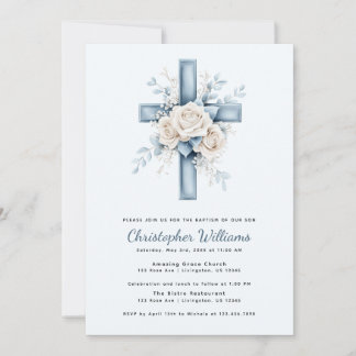 Baptême croisé floral bleu Invitation