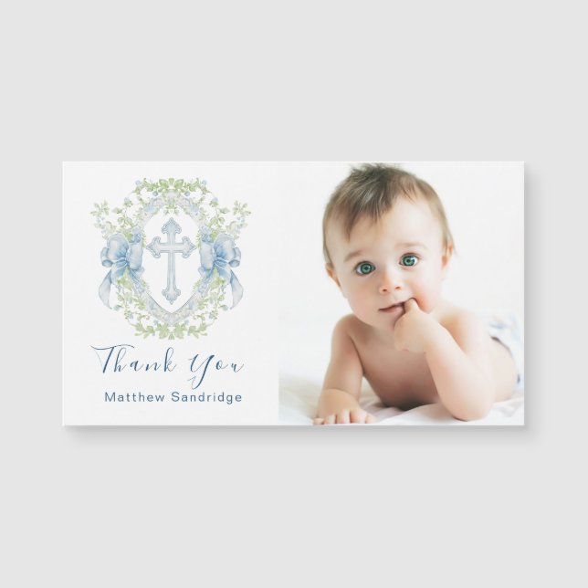Baptême Cross Crest Greenery Baby Boy photo aimant (Devant)