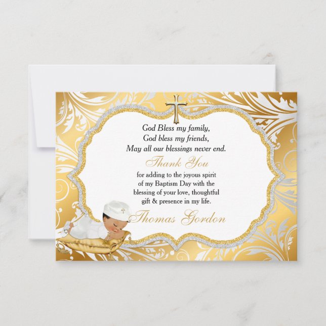 Baptême de bébé garçon ethnique Croix d'or Merci (Devant)