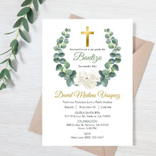 Baptême de couronne verte Feuille Invitation en es
