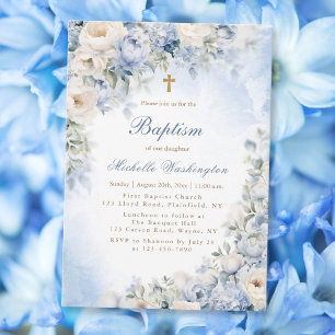 Baptême de fleurs bleues et ivoire Invitation