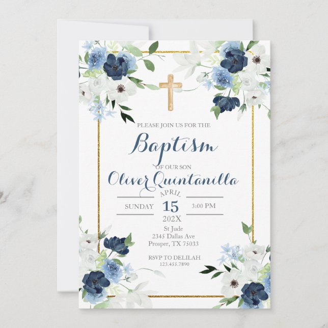 Baptême de fleurs bleues invitation pour garçon (Devant)