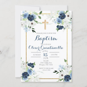 Baptême de fleurs bleues invitation pour garçon