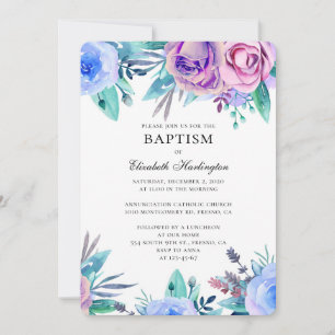 Baptême de fleurs violettes et bleues. Invitation