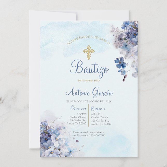 Baptême de garçon bleu clair invitation (Devant)