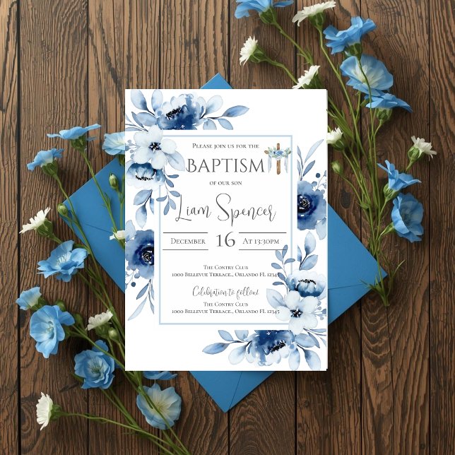 Baptême de garçon floral bleu Invitation (Créateur téléchargé)
