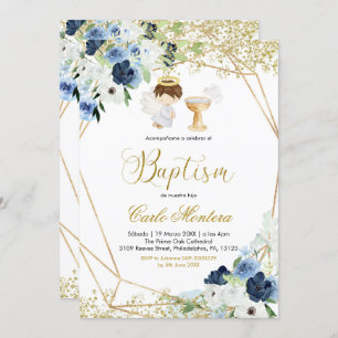 Baptême de garçon floral bleu Invitation