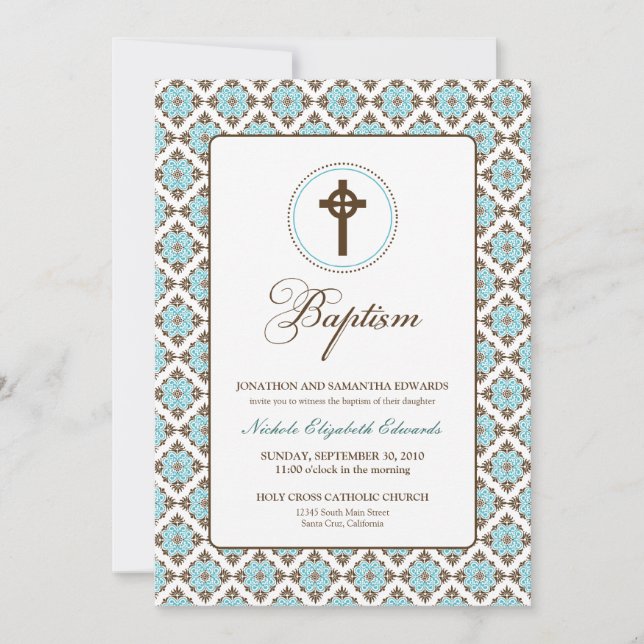 Baptême de grâce Vintage 5x7 Invitation (brun/aqua (Devant)