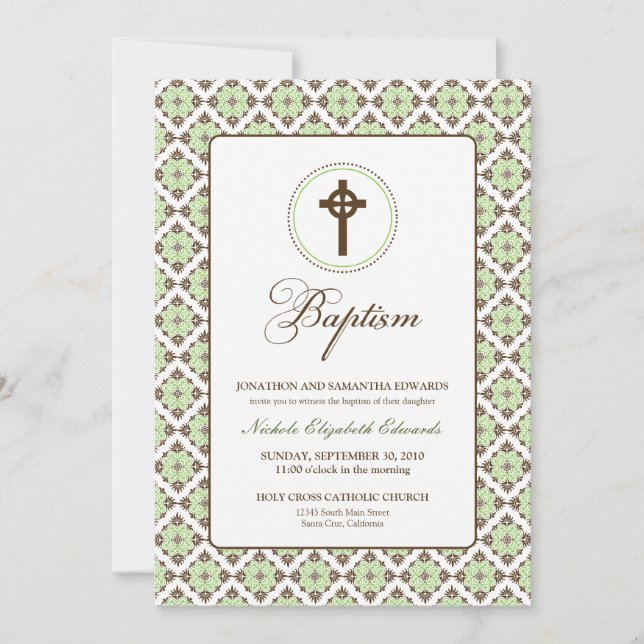 Baptême de grâce Vintage 5x7 Invitation (brun/saug (Devant)