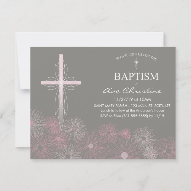 Baptême de la petite fille Invitation avec croix,  (Devant)