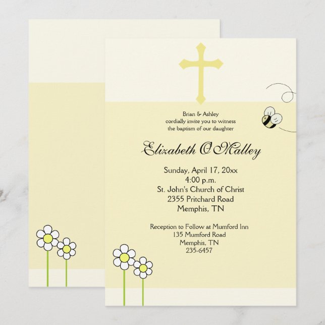 Baptême Dédication Printemps Bee Happy Invitation (Devant / Derrière)