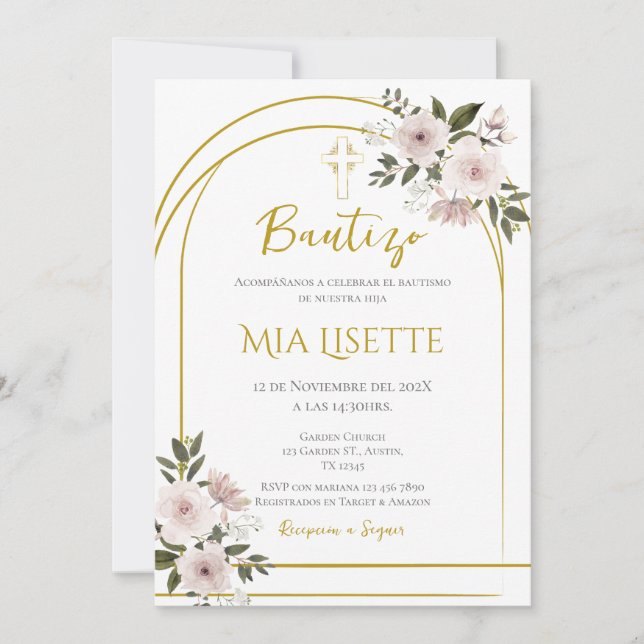 Baptême d'or et de fleurs invitation pour fille en (Devant)