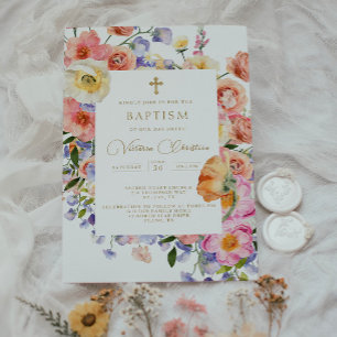 Baptême d'or floral Christening Invitation