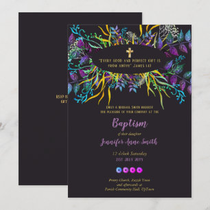 Baptême d'or violet Invitation Feuilles floraux