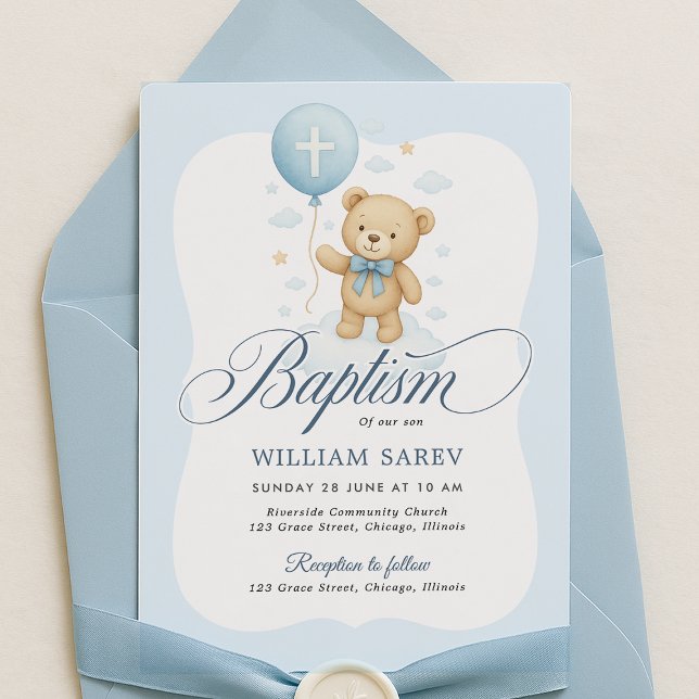 Baptême d'ours en peluche courbé Invitation pour g (Modern teddy bear baptism card styled with envelope and ribbon – sweet and simple boy invite)